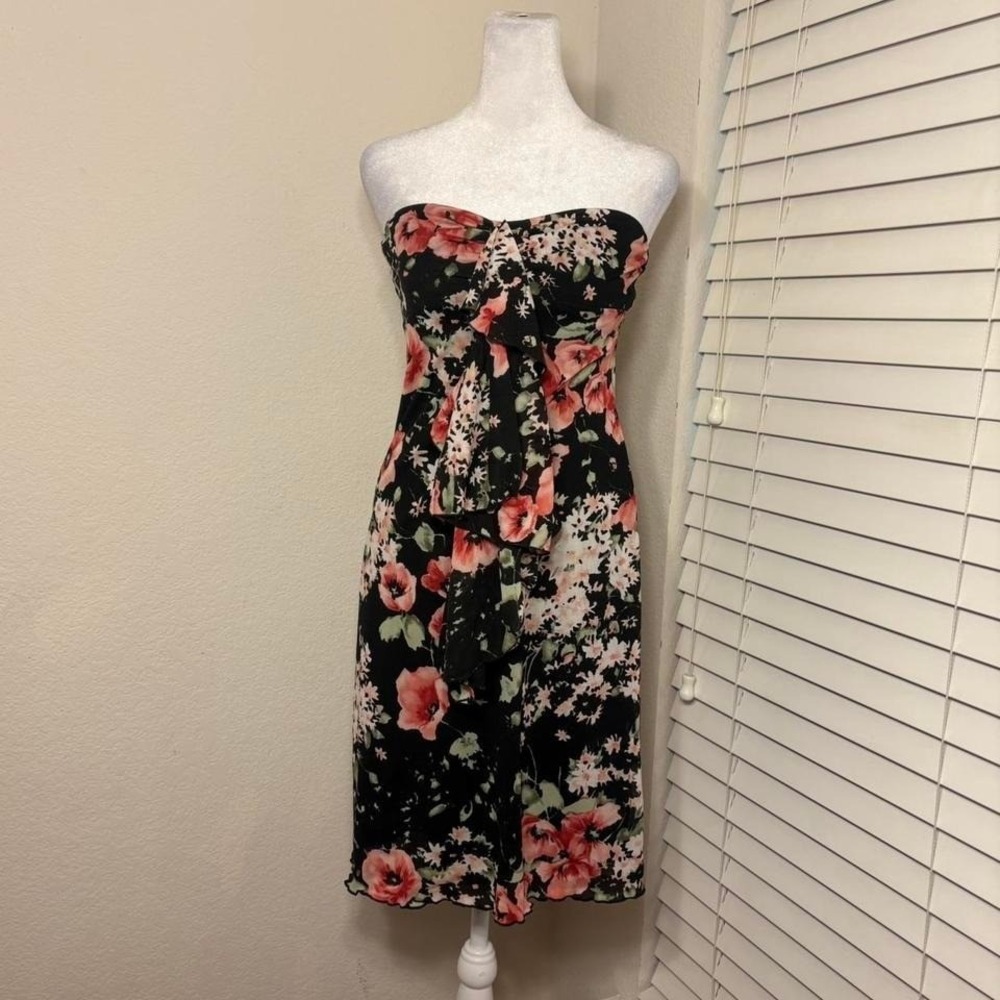 Vintage 90s black and pink floral strapless tube dress ruffle waterfall size S